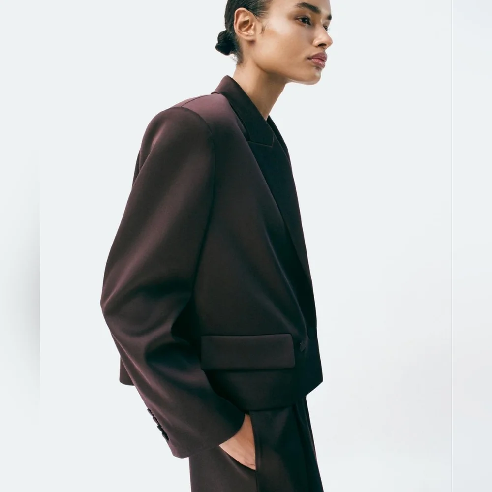Zara Satin Double Breasted Cropped Blazer Jacket Brown Size XL